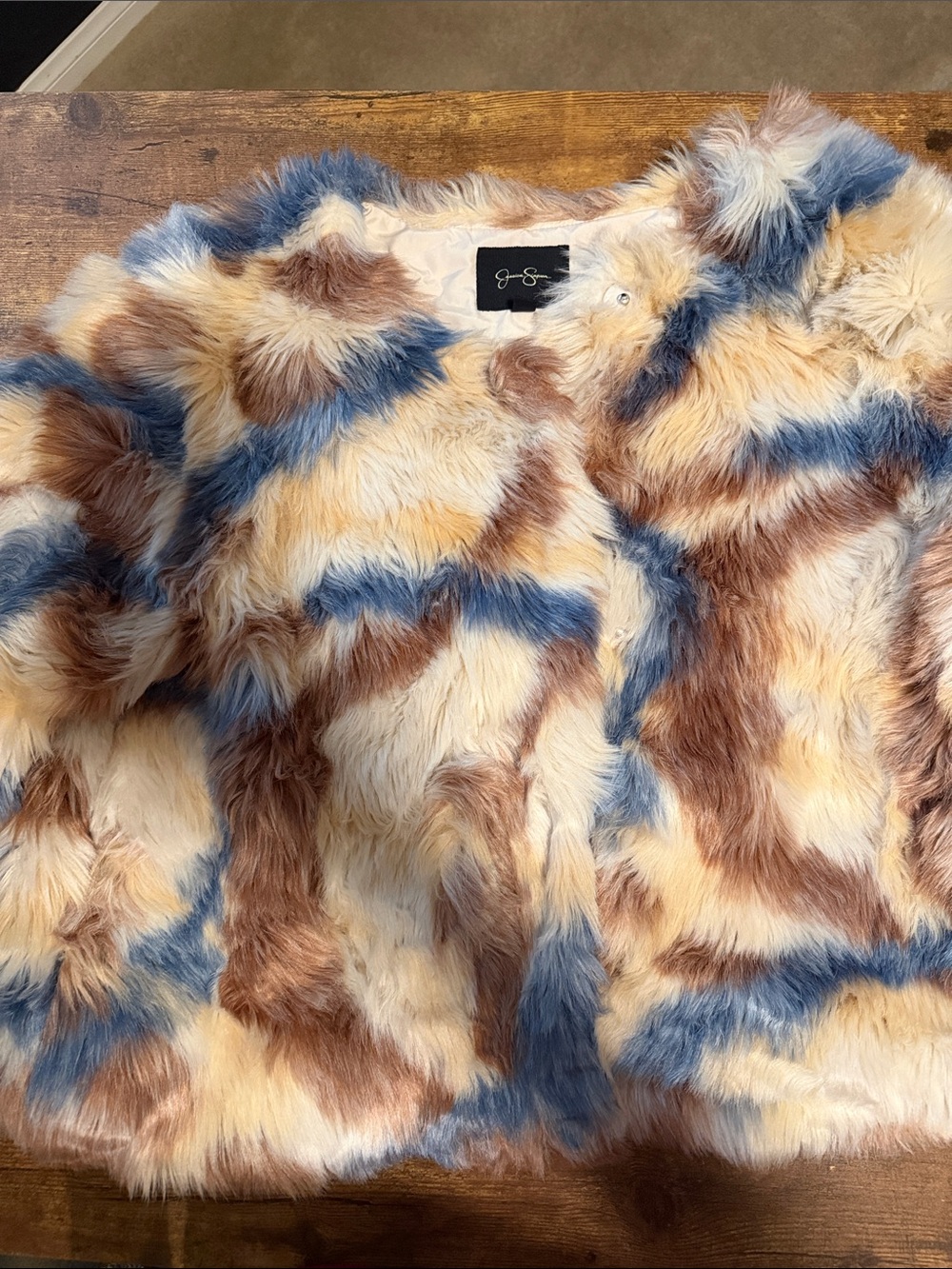 Jessica Simpson Multicolor Faux Fur Jacket - Cream, Brown & Blue